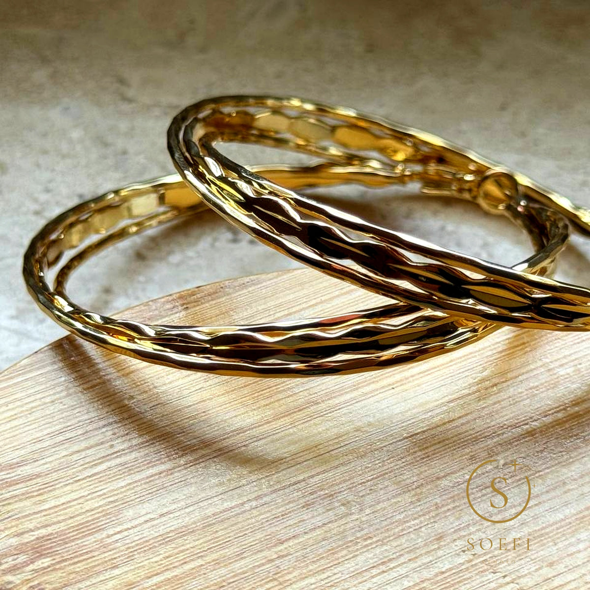 Earrings — Large hoops, hammered gold