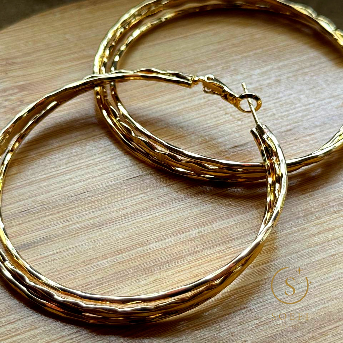 Earrings — Large hoops, hammered gold